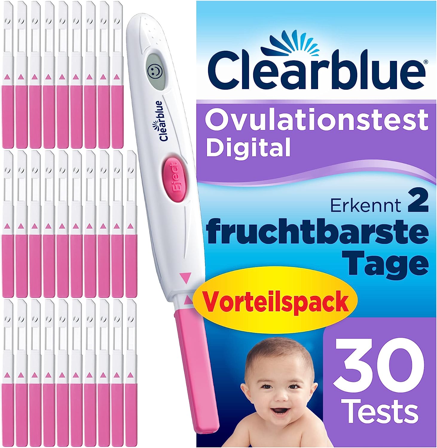 Clearblue Kinderwunsch Digital Ovulation Test Kit, 30 Tests + 1 Digital Test Holder, Fertility Test for Women/Ovulation, Proven to Get Pregnant Faster