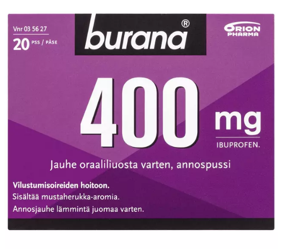 Burana jauhe oraaliliuosta varten 400 mg, Бурана растворимый порошок со вкусом черной смородины для снятия симптомов простуды, 20 пакетиков