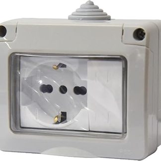Cassetta Elettrica IP55 Con Sportellino, 3 Moduli Presa Schuko P40 10/16A + Interruttore, Kit Scatola Elettrica Pronta, Montaggio Da Muro Parete Esterno