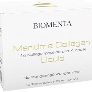 Жидкий морской коллаген BIOMENTA - Высокодозированный комплекс активных ингредиентов - 11000 мг коллагеновых пептидов в ампуле - 12 готовых к употреблению ампул в упаковке - Вкус: Лимон - Премиум качество