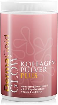 DermaGold Glow Collagen Powder Plus 400 г | С гидролизатом коллагена, порошком витамина С и биотином | Изготовлено из чистого, высокоочищенного, биоактивного гидролизата коллагена, примерно 26 порций по 15 г | Произведено в Германии
