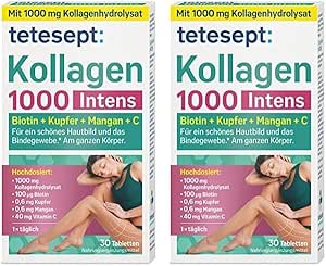tetesept Collagen 1000 Intens - Биологически активная добавка с коллагеном, витамином С, биотином, медью и марганцем - Комплекс для укрепления соединительной ткани и красоты кожи - 1 упаковка (30 таблеток, 2 шт.)