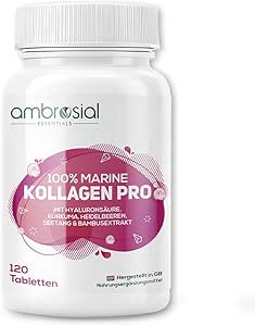 Ambrosial 100% морской коллаген Pro с гиалуроновой кислотой, куркумой, черникой, морскими водорослями и экстрактом бамбука. Произведено в Великобритании. Без глютена, без ГМО. 120 веганских таблеток.