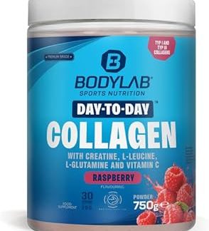 Bodylab24 Day to Day Raspberry 750 г, гидролизат коллагена в сочетании с глютамином, лейцином, креатином и витамином С, с коллагеновыми пептидами типов 1 и 3, очень хорошая растворимость.