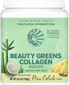 Sunwariior, Beauty Greens Collagen, вкус «Пина Колада», без ГМО, без глютена, без молочных продуктов, 300 г