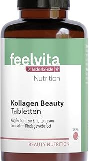 Таблетки Genius Feelvita Nutrition Collagen Beauty Tablets - Высокодозированный гидролизат коллагена, обогащенный медью - Для поддержания нормального состояния соединительной ткани, запас на 2 месяца (120 таблеток) - Сделано в Германии