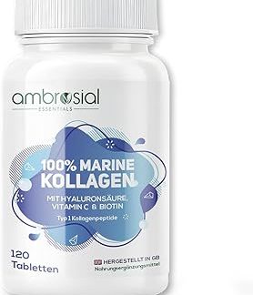 Таблетки Ambrosial Collagen с гиалуроновой кислотой - 1200 мг морского коллагена типа I - с гиалуроновой кислотой, витамином С и биотином - 120 таблеток коллагенового комплекса - альтернатива коллагеновым капсулам - запас на 2 месяца
