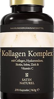 Комплекс гиалуроновой кислоты и коллагена Satin Naturel — 270 капсул с высокой дозировкой, биотином, селеном, цинком, витамином С и экстрактом бамбука — для кожи, волос и ногтей — произведено в Германии.