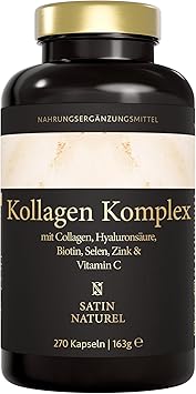Комплекс гиалуроновой кислоты и коллагена Satin Naturel — 270 капсул с высокой дозировкой, биотином, селеном, цинком, витамином С и экстрактом бамбука — для кожи, волос и ногтей — произведено в Германии.