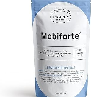 Биологически активная добавка для суставов и хрящей Astrid Twardy Mobiforte с витамином С и гидролизатом говяжьего коллагена, упаковка 300 г на месяц, идеально растворимая, безвкусная, без глютена и лактозы.