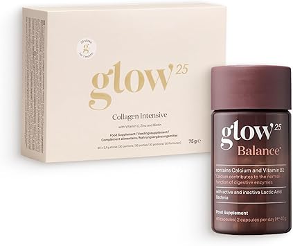 Набор Glow25 Balance & Collagen Intensive Set - Balance с молочнокислыми бактериями, инулином, кальцием и витамином B2 + Collagen Intensive с трипептидами, витамином C, цинком и биотином - пептиды типа 1 и 3