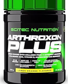 Scitec Nutrition Arthroxon Plus — ароматизированный напиток в порошке с гидролизованным коллагеном, порошком хрящевой ткани UC-II, сульфатом глюкозамина, МСМ, 320 г, лимонно-апельсиновый вкус.