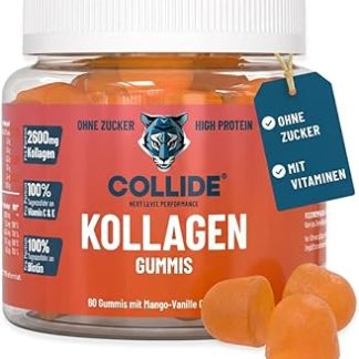 Жевательные конфеты COLLIDE с коллагеном: манго и ваниль — упаковка из 60 штук — без сахара — фруктовые жевательные конфеты с бычьим коллагеном, витаминами C, E, биотином и фолиевой кислотой.