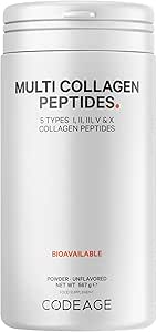 Протеиновый порошок Codeage Multi Collagen, пептиды, запас на 2 месяца, гидролизованный, для типов I, II, III, V, X, для перекусов, комплексная добавка к костному бульону с коллагеном, 567 г