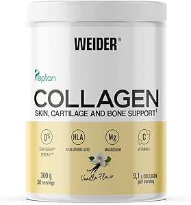 Коллаген Weider (300 г) со вкусом ванили, гидролизованный коллаген типа I, 100% пептан с гиалуроновой кислотой, магний, витамин С, без сахара, для кожи, хрящей, костей и волос.