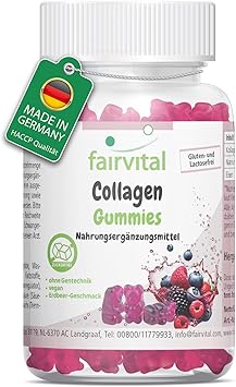Жевательные конфеты Fairvital с коллагеном, 60 штук, 1000 мг на суточную дозу, с натрием и железом, высокая доза, без сахара, проверены на качество и содержат высокую дозу, произведено в Германии.