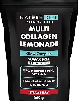 Nature Diet Multi Collagen Лимонад Клубника 5 типов коллагена 660 г 60-дневный запас Комплекс для сияния кожи без сахара с гиалуроновой кислотой, витаминами С и А