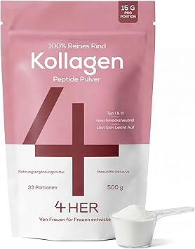 4 HER Коллагеновый порошок для женщин, 500 г, без вкуса, быстрорастворимый, чистый, без запаха, без добавок, гидролизованные пептиды бычьего коллагена типа 1 и 3, высокая доза, 33 порции