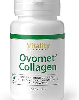 Капсулы Vitality Nutritionals с коллагеном высокой дозировки, вегетарианские, содержат коллаген типов I, V, X, гиалуроновую кислоту, эластин и глюкозамин (упаковка из 60 штук). Не содержат глютена, ГМО, запатентованный коллаген Ovomet.