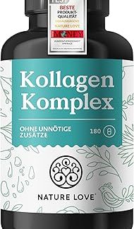 Комплекс коллагена NATURE LOVE - 180 капсул - с гиалуроновой кислотой, биотином, селеном, цинком, витамином С из ацеролы и кремнием из экстракта бамбука - высокая доза коллагена - протестировано в лаборатории и произведено в Германии.