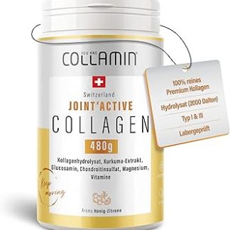 Коллагеновый порошок Joint'Active 480 г - Сделано в Швейцарии - Коллаген с куркумой, гиалуроновой кислотой, МСМ, витаминами С и D, глюкозамином и другими компонентами - Облегчение боли в суставах - Аромат меда и лимона