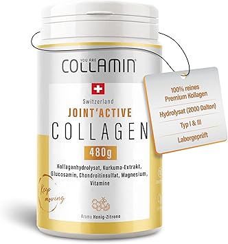 Коллагеновый порошок Joint'Active 480 г - Сделано в Швейцарии - Коллаген с куркумой, гиалуроновой кислотой, МСМ, витаминами С и D, глюкозамином и другими компонентами - Облегчение боли в суставах - Аромат меда и лимона