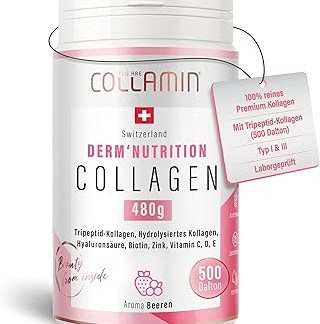 Коллагеновый порошок Derm'Nutrition - 480 г | Трипептидный коллагеновый порошок с витамином С и гиалуроновой кислотой | Коллагеновый порошок (говяжий) с ягодным ароматом | Гидролизованный коллаген - Сделано в Швейцарии