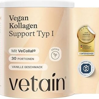 VETAIN Веганский коллагеновый порошок типа 1 - с VeCollal, витамином С, цинком, биотином и женьшенем - для кожи, волос и ногтей - сертифицирован Cologne List - без добавления сахара - ванильный вкус - 300 г