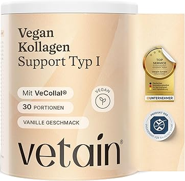 VETAIN Веганский коллагеновый порошок типа 1 - с VeCollal, витамином С, цинком, биотином и женьшенем - для кожи, волос и ногтей - сертифицирован Cologne List - без добавления сахара - ванильный вкус - 300 г