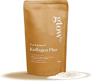 Glow25® Collagen Plus Powder Caramel [450 г] - Гидролизат коллагена с витамином С, цинком и биотином - Пептиды типа 1 и 3 - Хорошая растворимость - Карамельный вкус