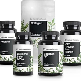 Набор для красоты и омоложения Natural Elements Premium Set - коллаген, экстракт виноградных косточек OPC, коэнзим Q10, биотин с селеном и цинком, гиалуроновая кислота - высокая дозировка, без лишних добавок - для вашей ежедневной косметической процедуры.