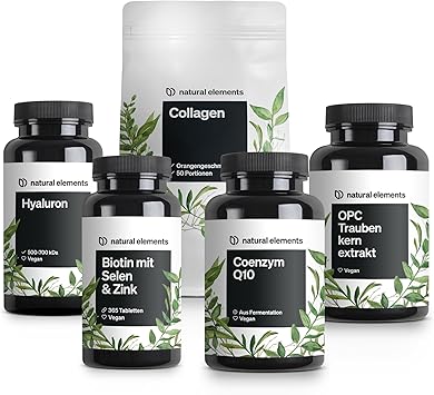 Набор для красоты и омоложения Natural Elements Premium Set - коллаген, экстракт виноградных косточек OPC, коэнзим Q10, биотин с селеном и цинком, гиалуроновая кислота - высокая дозировка, без лишних добавок - для вашей ежедневной косметической процедуры.