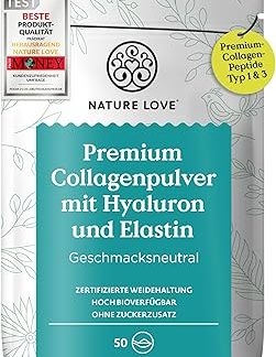 NATURE LOVE Премиальный коллагеновый порошок с гиалуроновой кислотой и эластином - 500 г коллагена - Пептиды типа 1 и 3 - Нейтральный вкус - Коллаген пасущегося скота - Протестировано в лаборатории