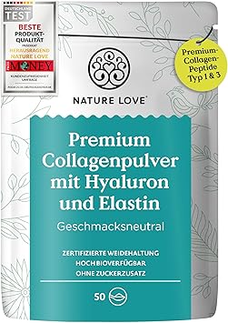 NATURE LOVE Премиальный коллагеновый порошок с гиалуроновой кислотой и эластином - 500 г коллагена - Пептиды типа 1 и 3 - Нейтральный вкус - Коллаген пасущегося скота - Протестировано в лаборатории