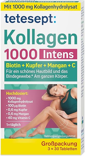 tetesept Collagen 1000 Intens - 3 x 30 таблеток - Биологически активная добавка с коллагеном, витамином С, биотином, медью и марганцем - Для соединительной ткани и красивого цвета лица