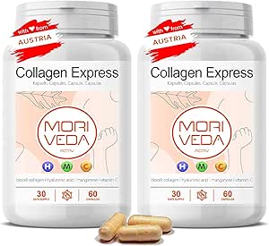 Капсулы MoriVeda Collagen Express с коллагеном Biocell, запас на 2-2 месяца - гиалуроновая кислота, хондроитинсульфат, витамин С и марганец - для кожи, волос и суставов - 2 x 60 штук