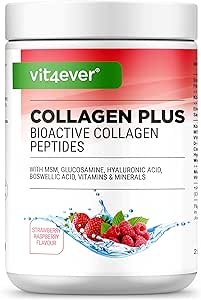 vit4ever Collagen Plus - 500 г порошок с МСМ, глюкозамином гидрохлоридом, гиалуроновой кислотой, экстрактом ладана - 100% биоактивные пептиды гидролизата коллагена - коллаген типов 1 и 3 - малиново-клубничный вкус
