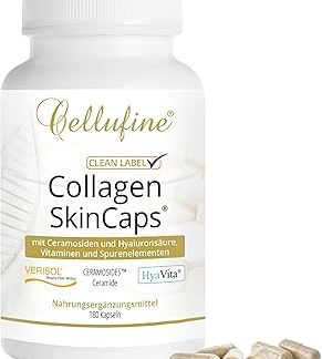 Cellufine® SkinCaps Collagen Capsules Plus - 180 безглютеновых капсул с коллагеновыми пептидами Verisol, гиалуроновой кислотой HyaVita и церамидами, а также витамином С, биотином (витамином В7) и фолиевой кислотой.