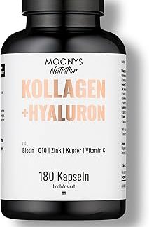 Комплекс коллагена и гиалуроновой кислоты MOONYS - 180 капсул - Поддержка красоты с 100 мг гиалуроновой кислоты, биотином, цинком, медью, Q10 и витамином С - Для кожи, волос и ногтей - Высококачественный коллаген типов 1 и 3 - Протестировано в лаборатории