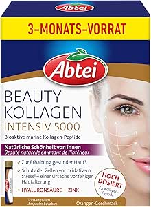 Abtei Beauty Collagen Intensive 5000 – Напиток для красоты – Высокая дозировка – с 5 г коллагеновых пептидов, гиалуроновой кислотой, цинком, витамином С – 30 ампул для питья