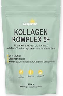 Wellpursan Collagen Complex 5+ (453,6 г) - Мультиколлагеновый порошок с коллагеном типов I, II, III, V и X - Биотин, гиалуроновая кислота и витамин С - Безвкусный, протестировано в лаборатории - Не содержит сои, глютена и молочных продуктов