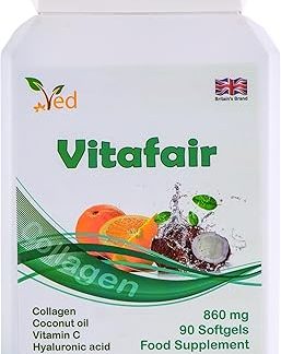 Vitafair Collagen Plus: кокосовое масло, витамин С, гиалуроновая кислота, 860 мг. Смесь коллагена, кокосового масла, витамина С и гиалуроновой кислоты Vitafair поддерживает состояние кожи. 860 мг, 90 мягких капсул.