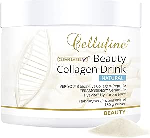 Напиток Cellufine® Beauty Collagen Drink 180 г - натуральный, с коллагеновыми пептидами Verisol и гиалуроновой кислотой, церамидами, витамином С, цинком, биотином, селеном, Q10, натуральный и без консервантов.