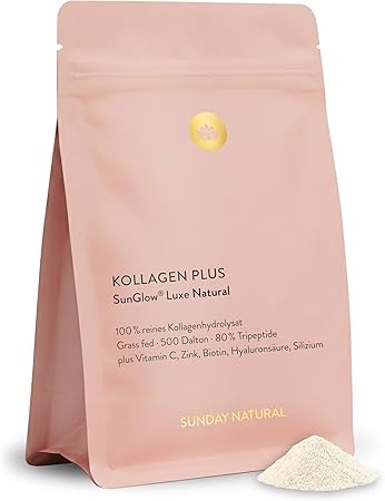 SUNDAY NATURAL SunGlow Luxe Collagen Powder - 204 г - Коллагеновый порошок золотого стандарта с гиалуроновой кислотой, витамином С, кремнием, биотином и цинком - Изготовлен из коллагена 1 и 3 типов - Нейтральный, протестирован в лаборатории