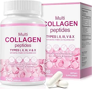 Kollagenpeptid-Nahrungsergänzungsmittel, мульти-коллагенпептид (I, II, III, V и X), с биотином, витамином C и гиалуроновой кислотой, unterstützt das Wohlbefinden von Haaren, Haut, Gelenken und Nägeln, 240P