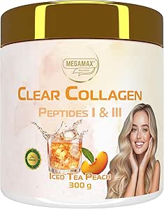 MEGAMAX Clear Collagen Peptides 300 г - Персиковый холодный чай - Примерно 25 г белка на 3 порции - Прозрачный коллагеновый порошок для холодного чая, персиковый, прозрачный, как Isoclear