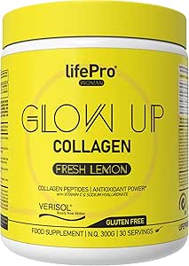 Коллагеновый порошок Glow Up - Гидролизат коллагена с витамином С, селеном и гиалуроновой кислотой - 300 г (30 порций) - Коллагеновый порошок без сахара, красота изнутри для кожи, волос и ногтей (свежий лимон)
