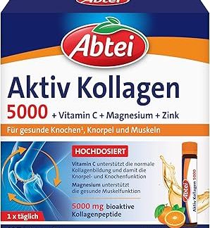 Биологически активная добавка Abtei Active Collagen 5000 для здоровья костей, хрящей и мышц, с витамином С, магнием и цинком, 1 x 10 питьевых ампул по 25 мл.