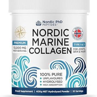 Порошок морского коллагена Nordic - 100% чистые гидролизованные коллагеновые пептиды - Типы I и III - 13 000 мг на порцию - Высокая усвояемость - Безвкусный - 400 г | 30 порций