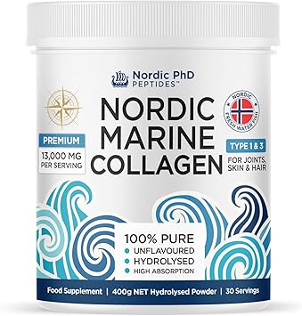 Порошок морского коллагена Nordic - 100% чистые гидролизованные коллагеновые пептиды - Типы I и III - 13 000 мг на порцию - Высокая усвояемость - Безвкусный - 400 г | 30 порций